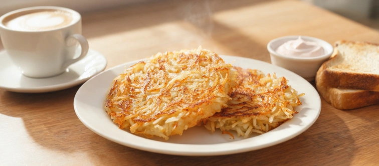 Build a classic brunch: which potato side is shredded, pressed, and fried until golden brown?