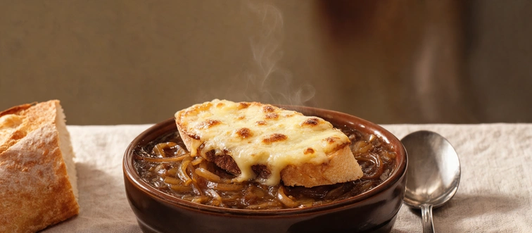 Start your feast with a classic French bistro starter made of caramelized onions and rich beef stock